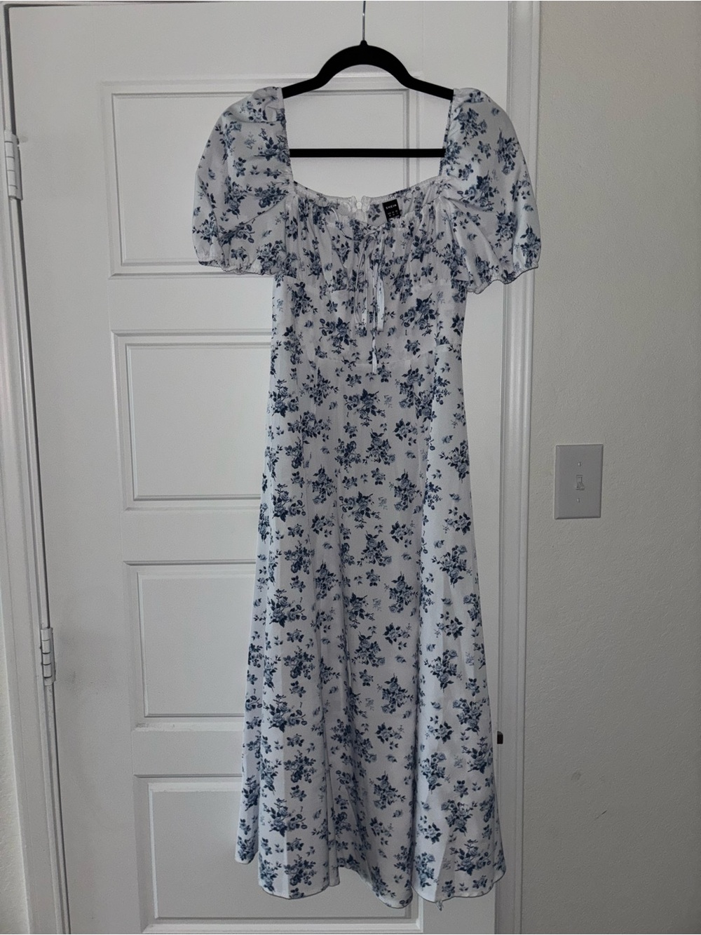 Shein Blue Floral Puff-Sleeve Midi Dress